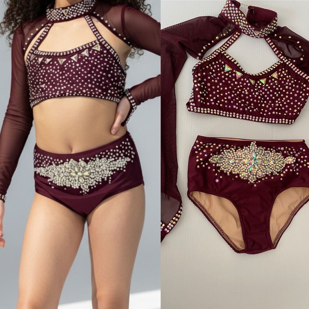 Glamour solo dance costume burgundy red 2 piece bedazzled MC-Medium child